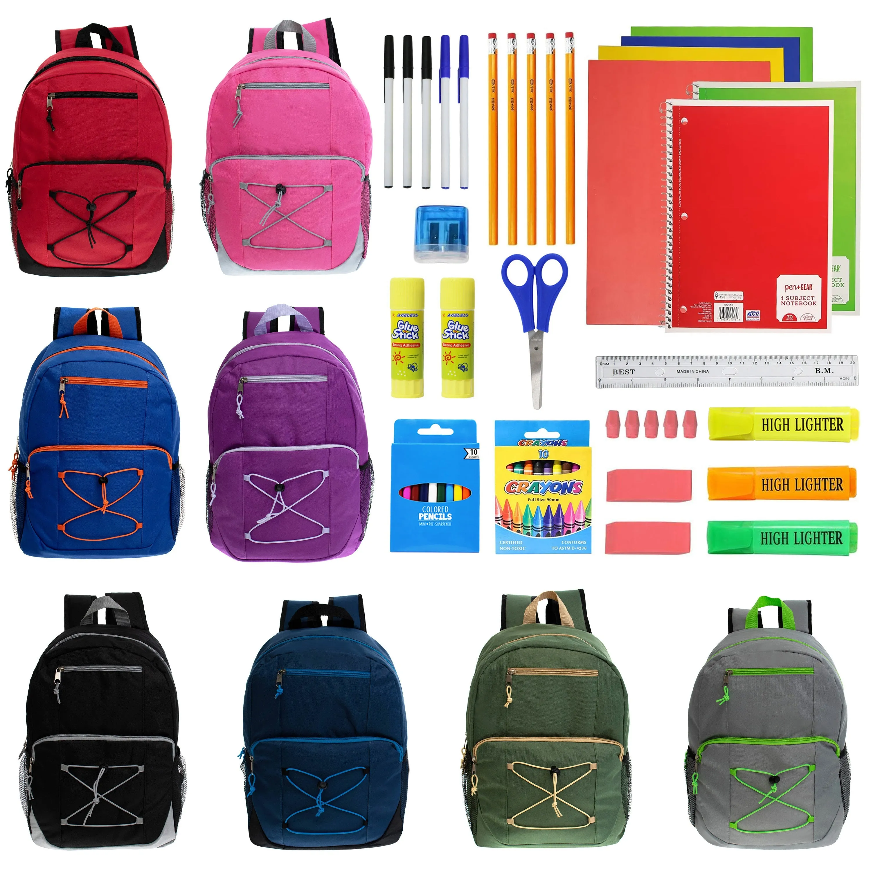 12 Bungee Style 17" Wholesale Backpacks in Assorted Colors & 12 Bulk School Supply Kits of Your Choice