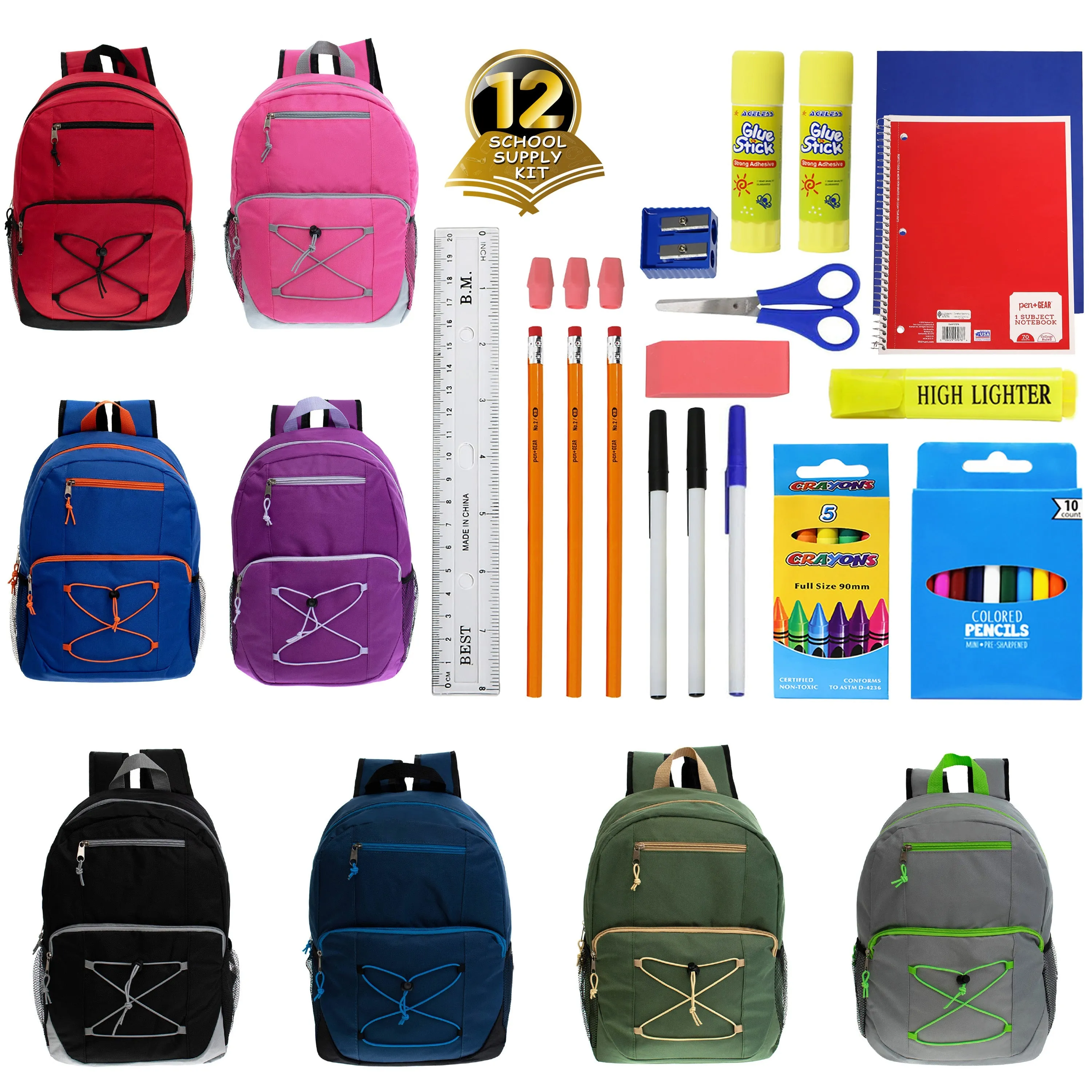 12 Bungee Style 17" Wholesale Backpacks in Assorted Colors & 12 Bulk School Supply Kits of Your Choice