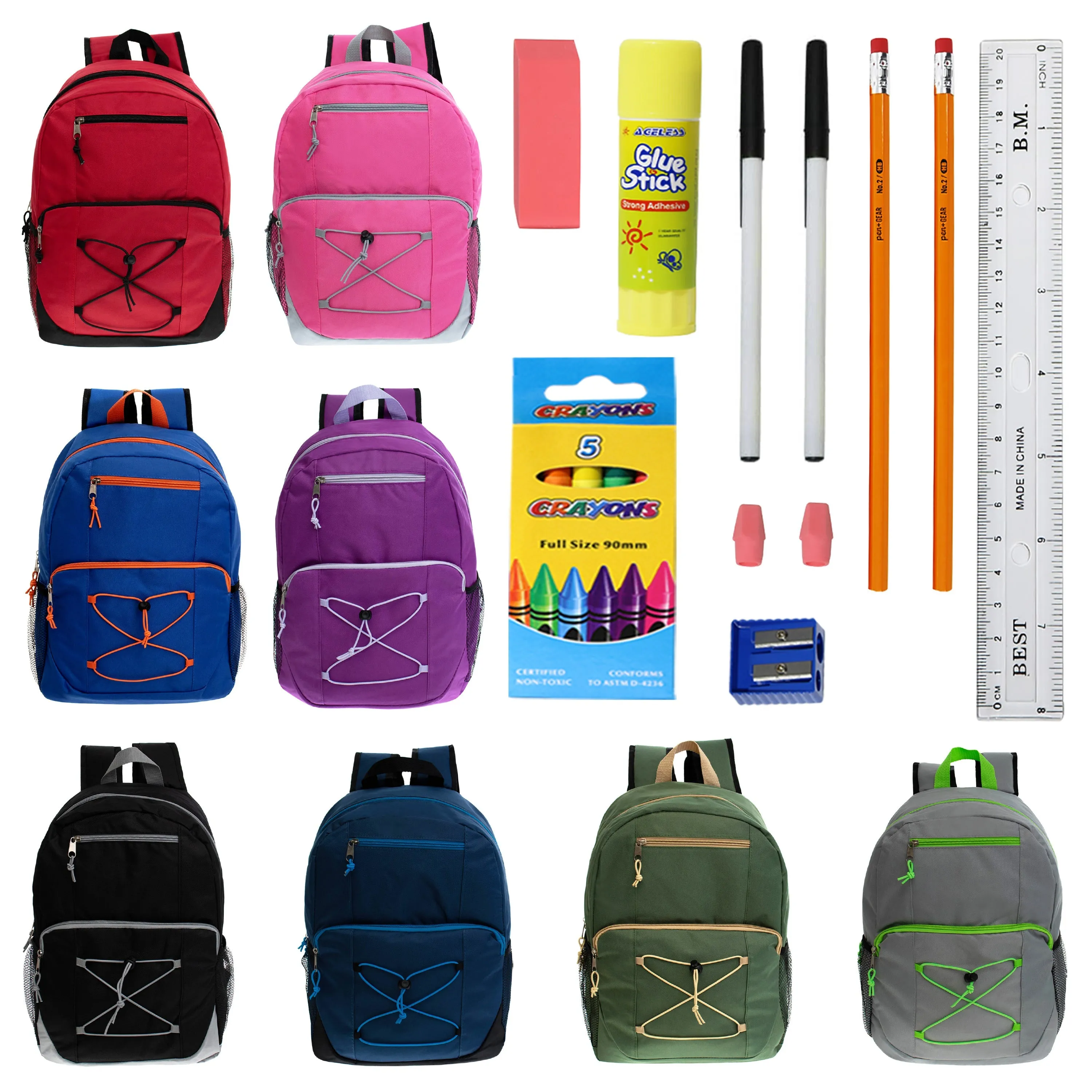 12 Bungee Style 17" Wholesale Backpacks in Assorted Colors & 12 Bulk School Supply Kits of Your Choice