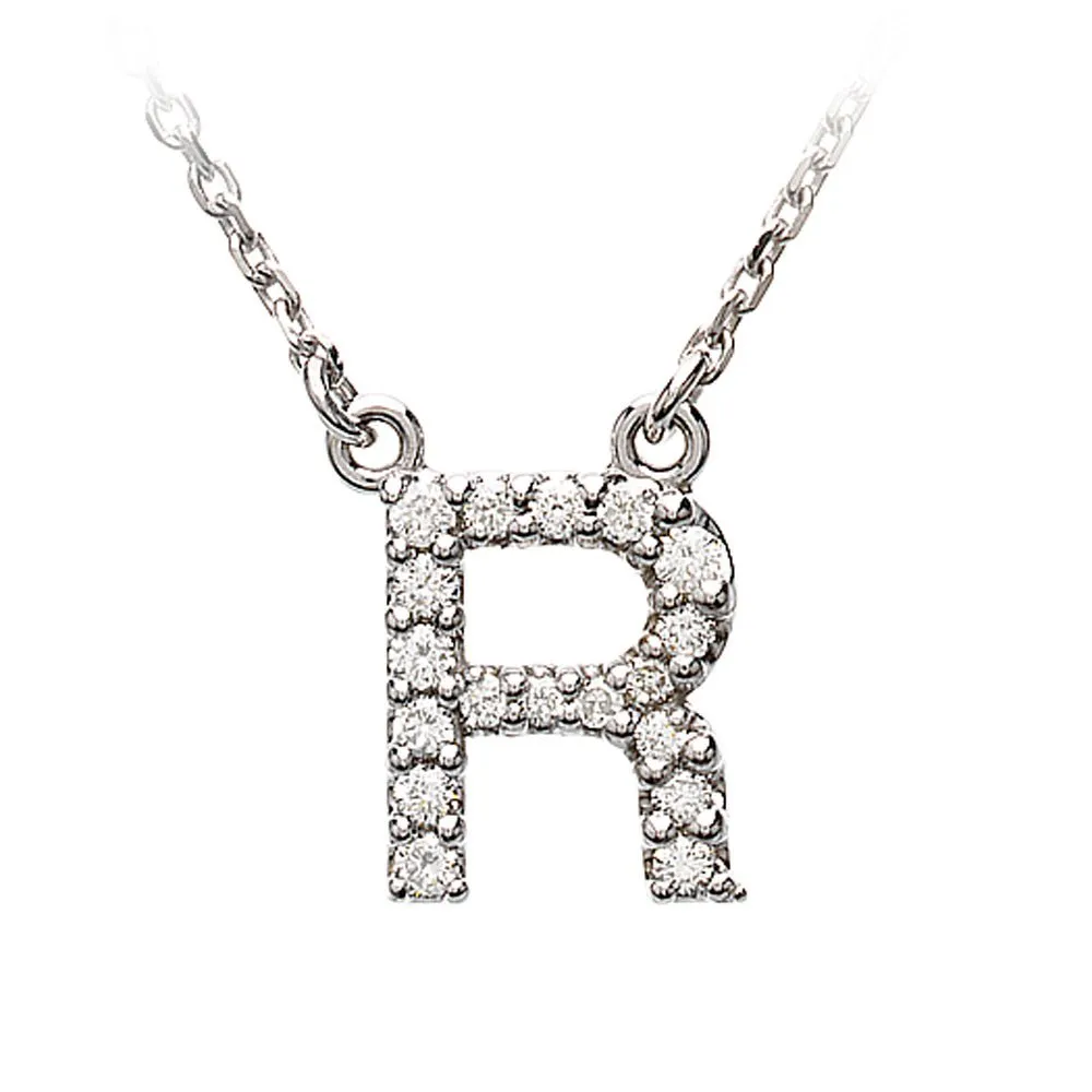 .14 Cttw Diamond & 14k White Gold Block Initial Necklace, Letter R