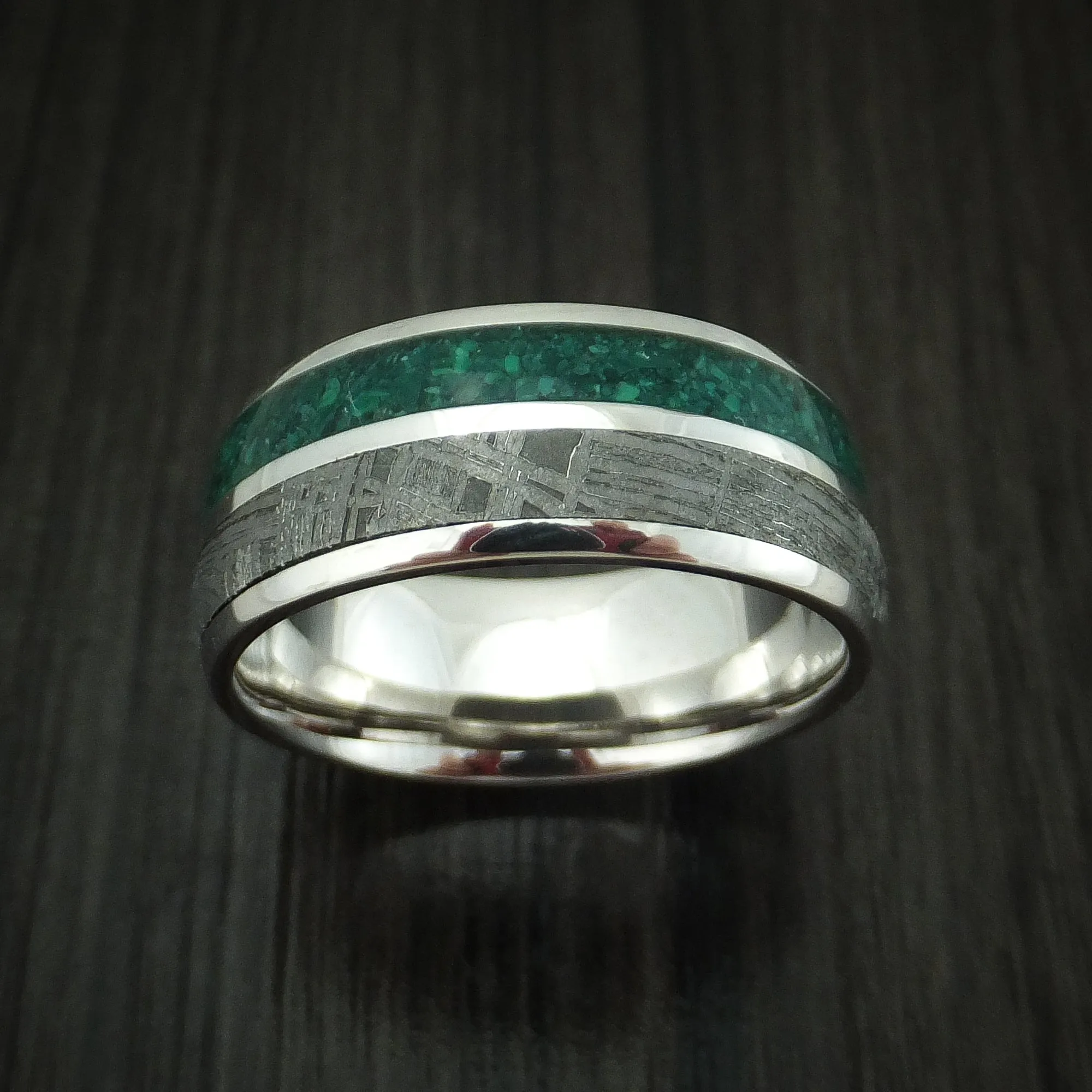 14K White Gold Meteorite and Malachite Men's Ring Custom Made