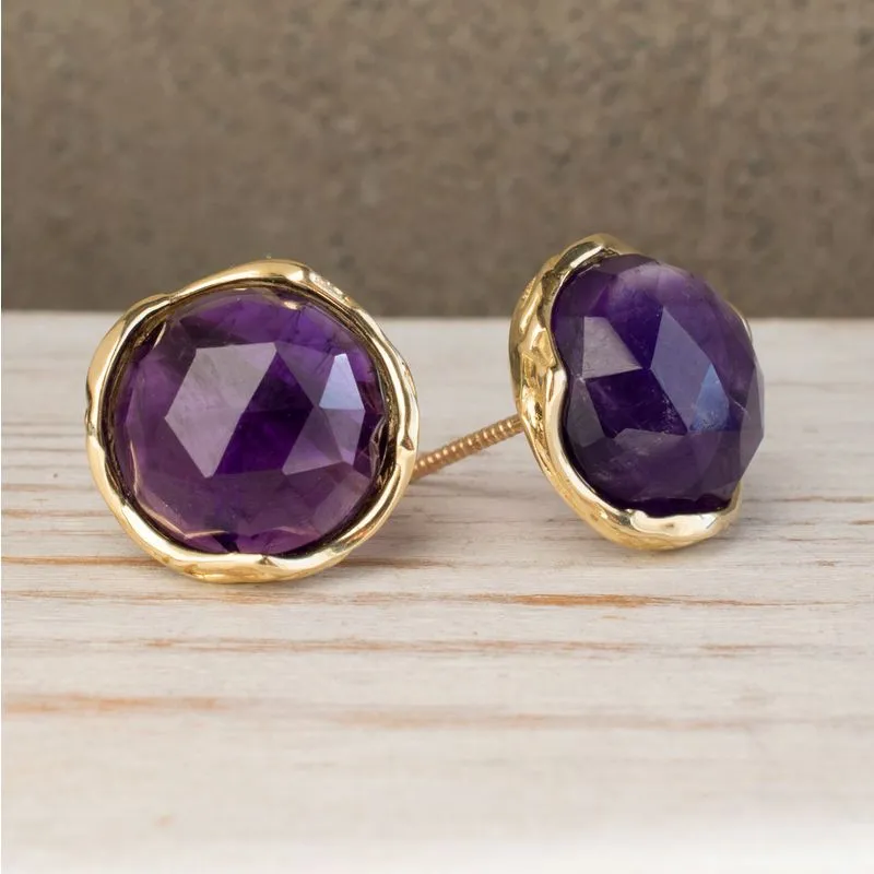 14K Yellow Gold Round Purple Amethyst 12mm Stud Earrings