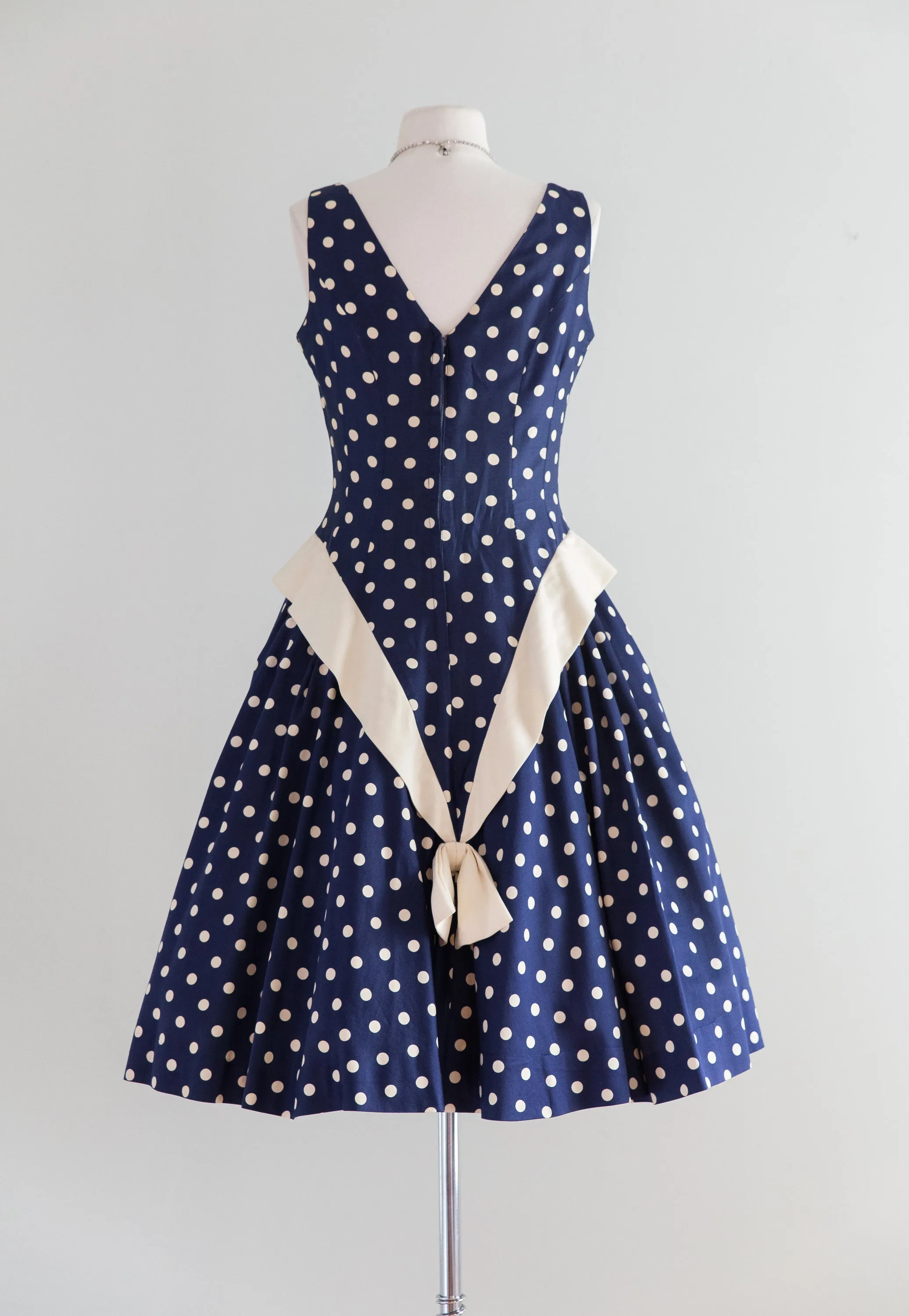 1950's Navy Blue Polka Dot Sleeveless Party Dress / Waist 26