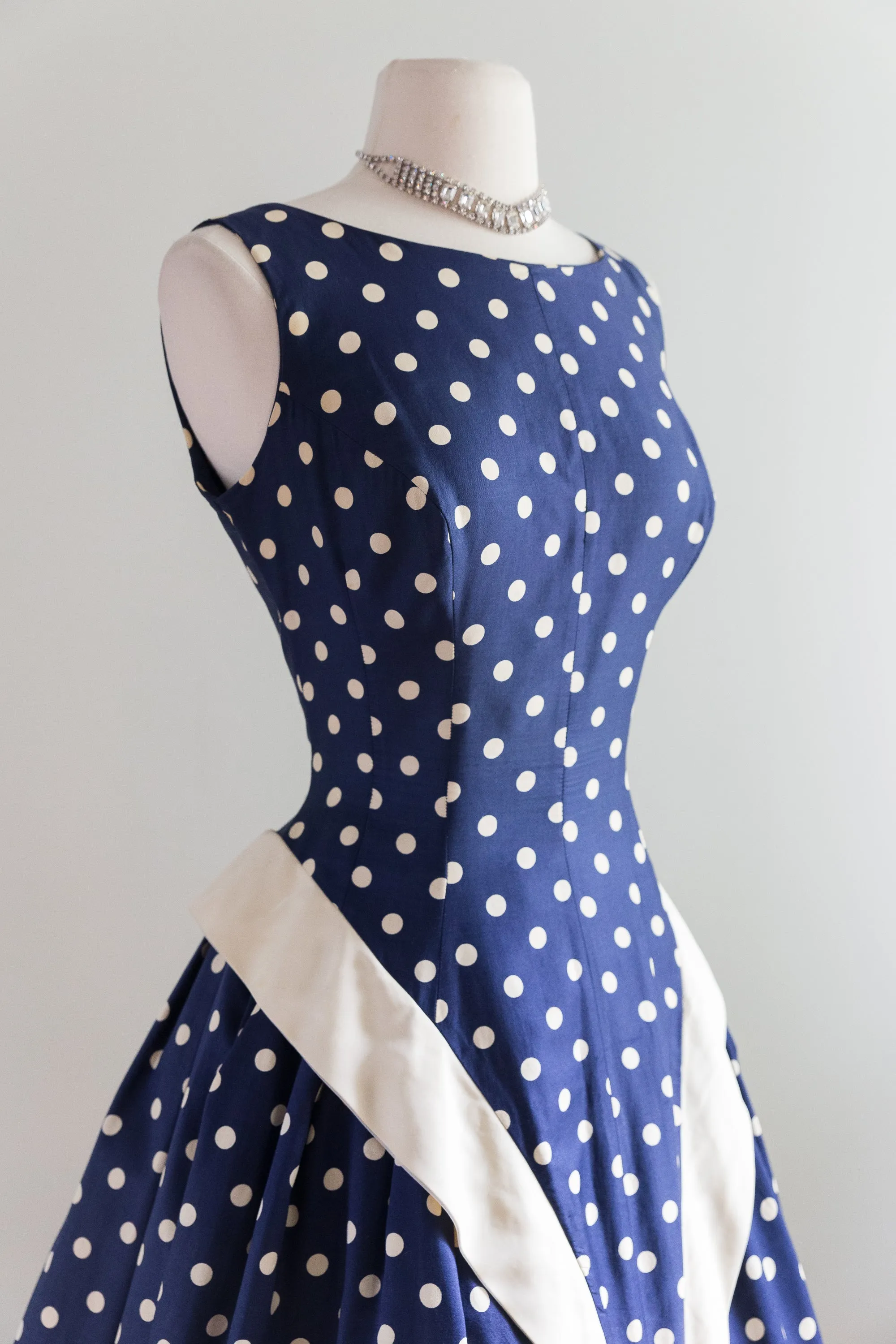 1950's Navy Blue Polka Dot Sleeveless Party Dress / Waist 26