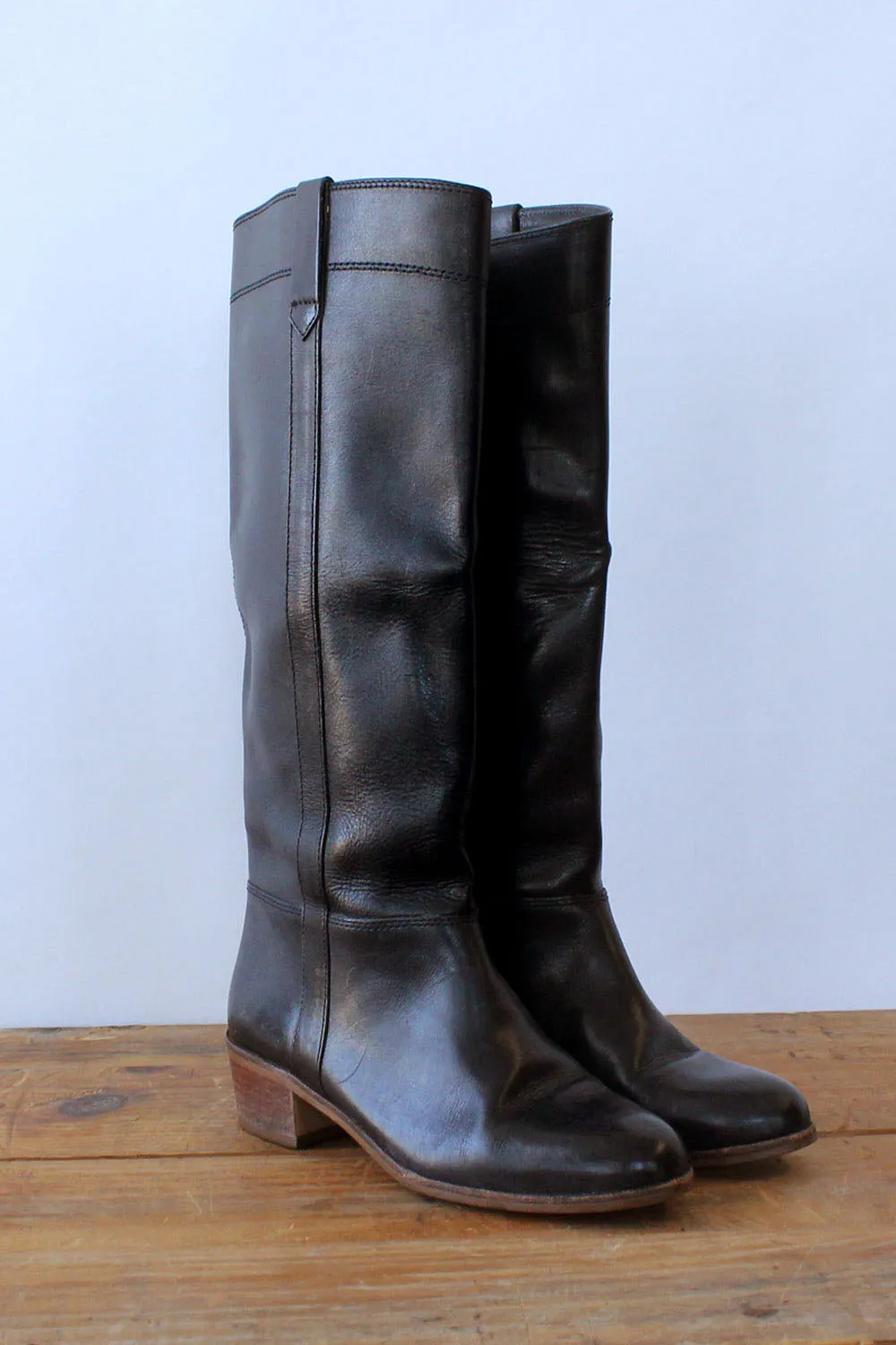 1970s Jet Leather Knee High Boots 6-6.5