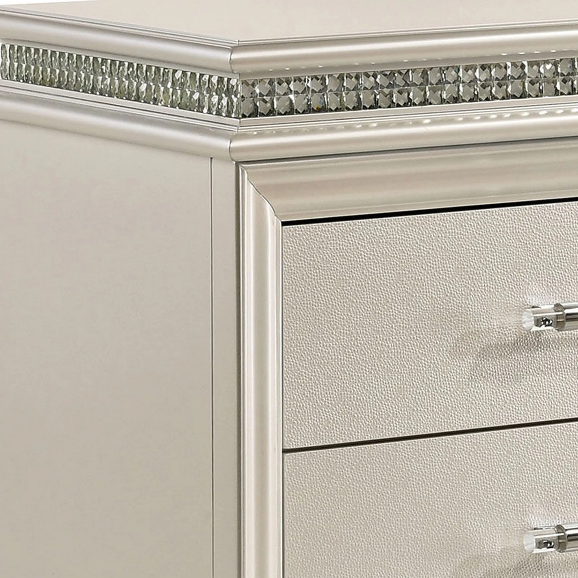 2 Drawer Nightstand With Acrylic Feet And Crystal Accents Silver By Benzara