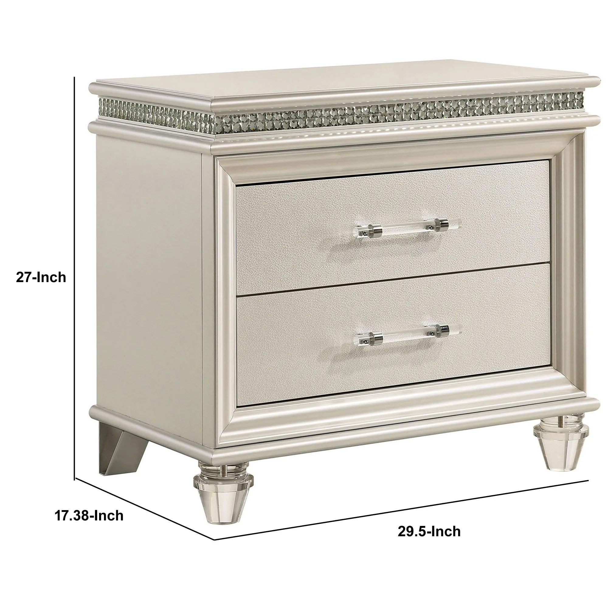 2 Drawer Nightstand With Acrylic Feet And Crystal Accents Silver By Benzara