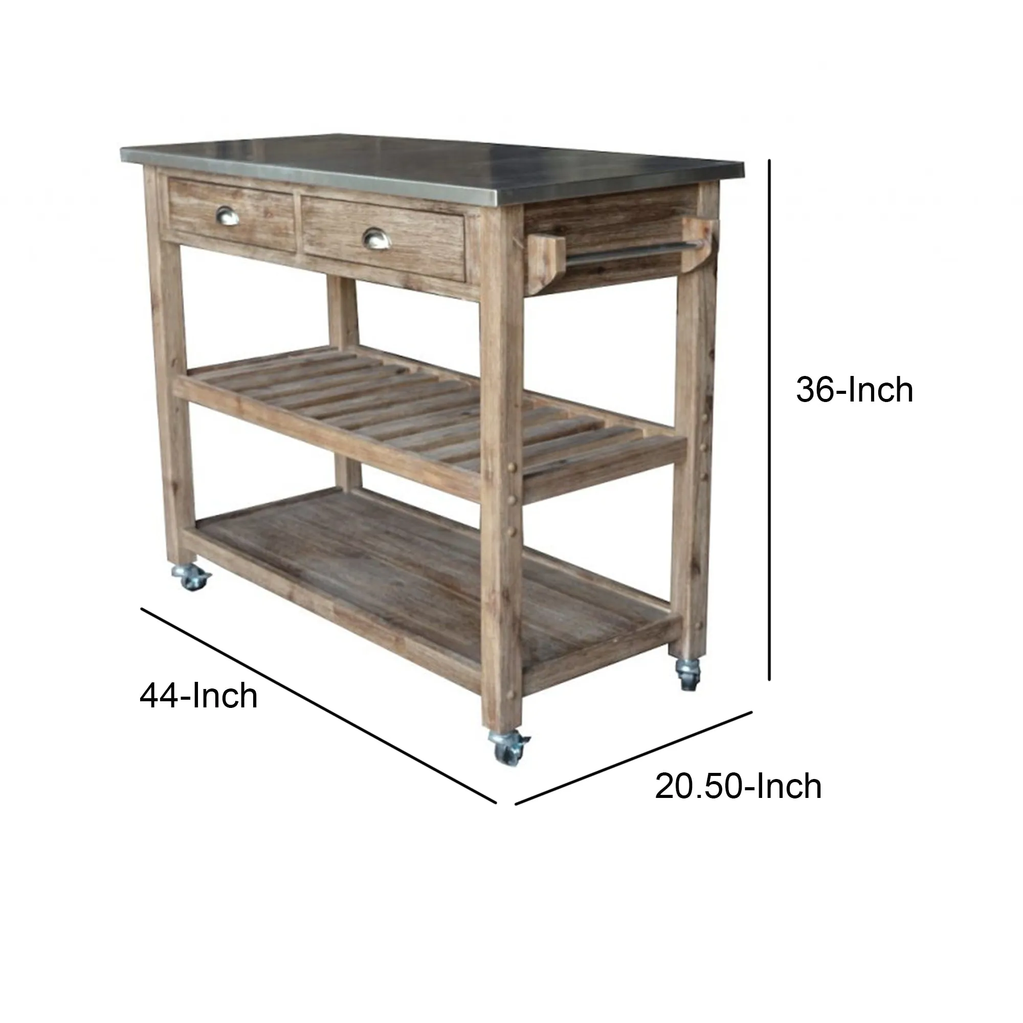 2 Drawers Wooden Frame Kitchen Cart With Metal Top And Casters, Gray By Benzara