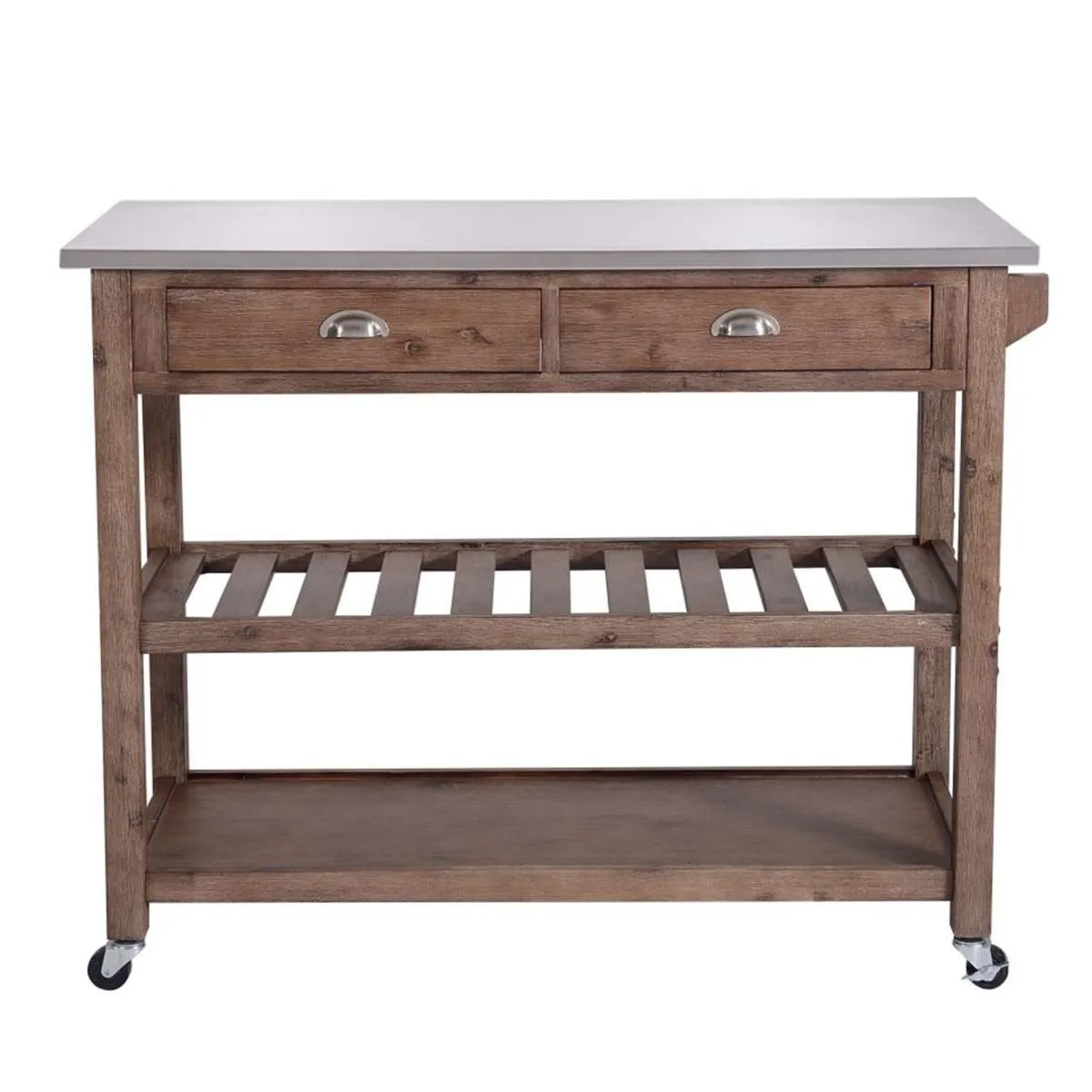 2 Drawers Wooden Kitchen Cart With Metal Top And Casters, Gray And Brown By Benzara