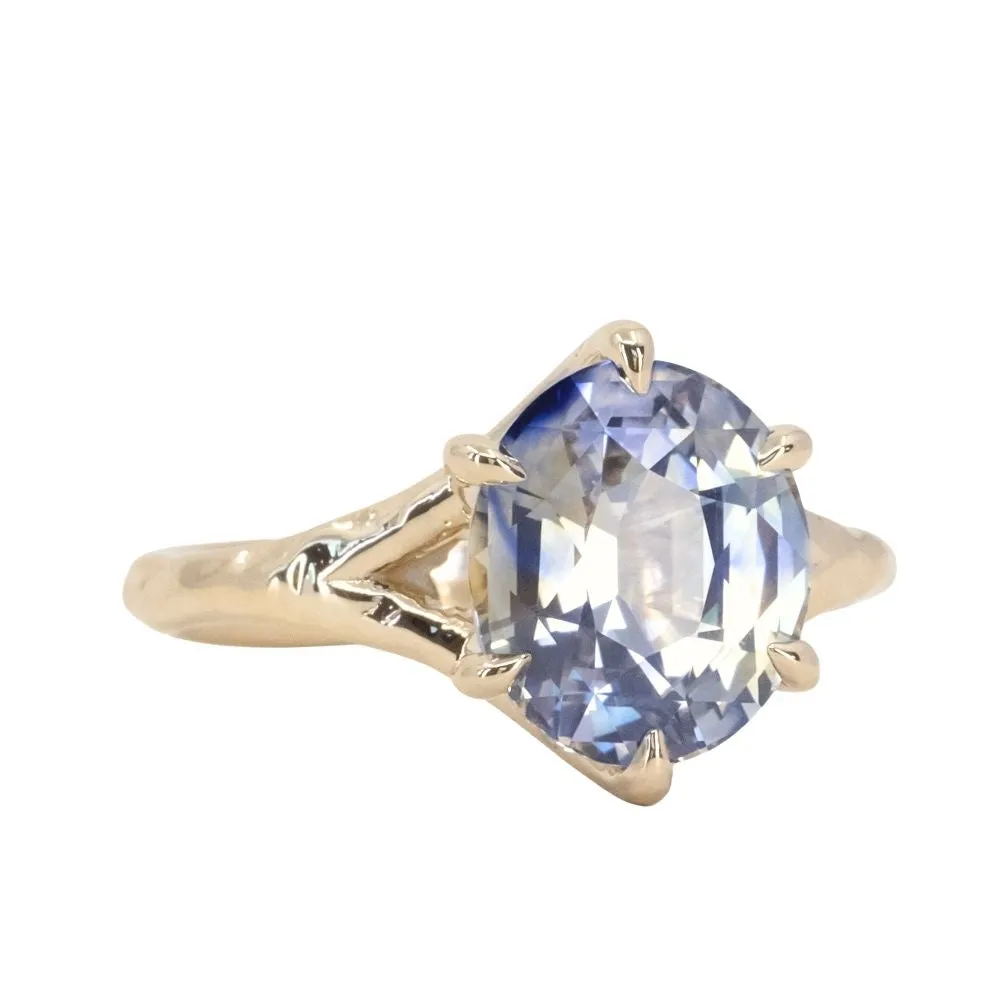 4.0ct Bicolor Parti Oval Sapphire Low Profile Six Prong Split Shank Evergreen Solitaire in 14k Yellow Gold