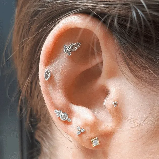 4mm Scalloped Marquise Diamond Threaded Stud by Maria Tash in 14K Rose Gold. Flat Stud.