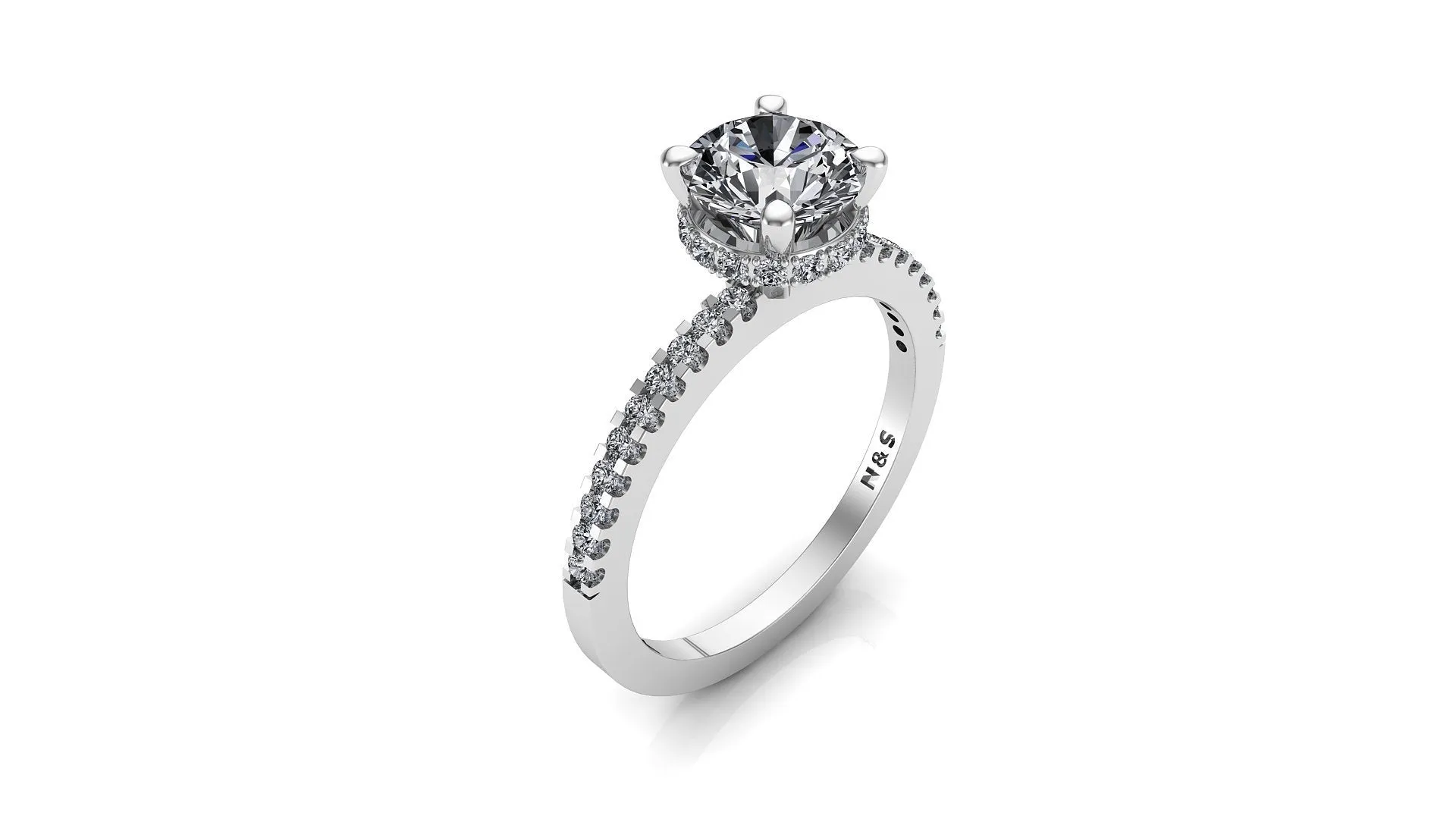 7.0mm (1.20ct) Rañe ForeverOne Round Moissanite Four Prong Diamond Underhalo Engagement Ring 14K Gold MOENG069