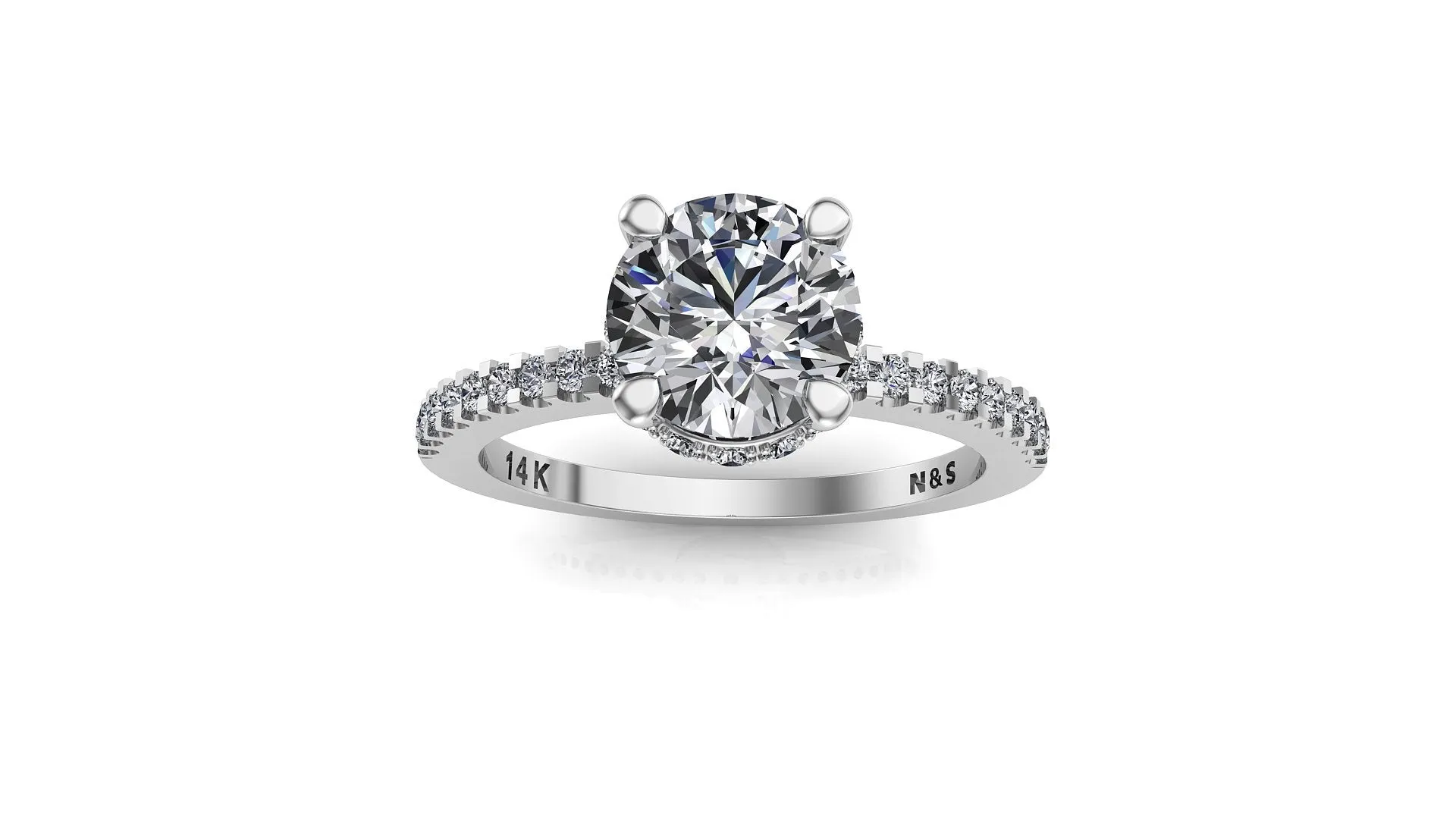 7.0mm (1.20ct) Rañe ForeverOne Round Moissanite Four Prong Diamond Underhalo Engagement Ring 14K Gold MOENG069