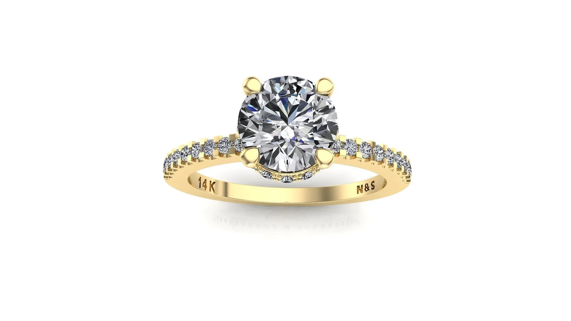 8.5mm (2.20ct) Rañe ForeverOne Round Moissanite Four Prong Diamond Underhalo Engagement Ring 14K Gold MOENG078