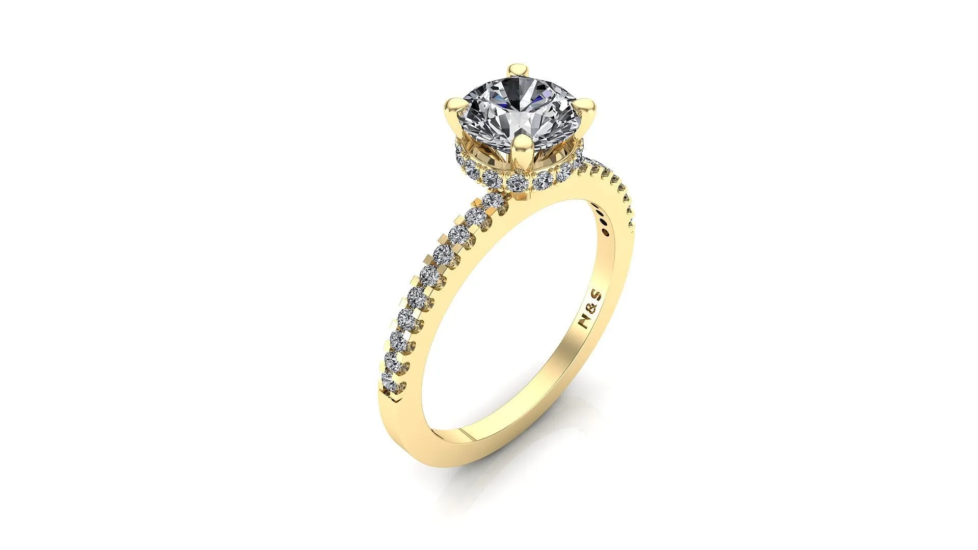 8.5mm (2.20ct) Rañe ForeverOne Round Moissanite Four Prong Diamond Underhalo Engagement Ring 14K Gold MOENG078