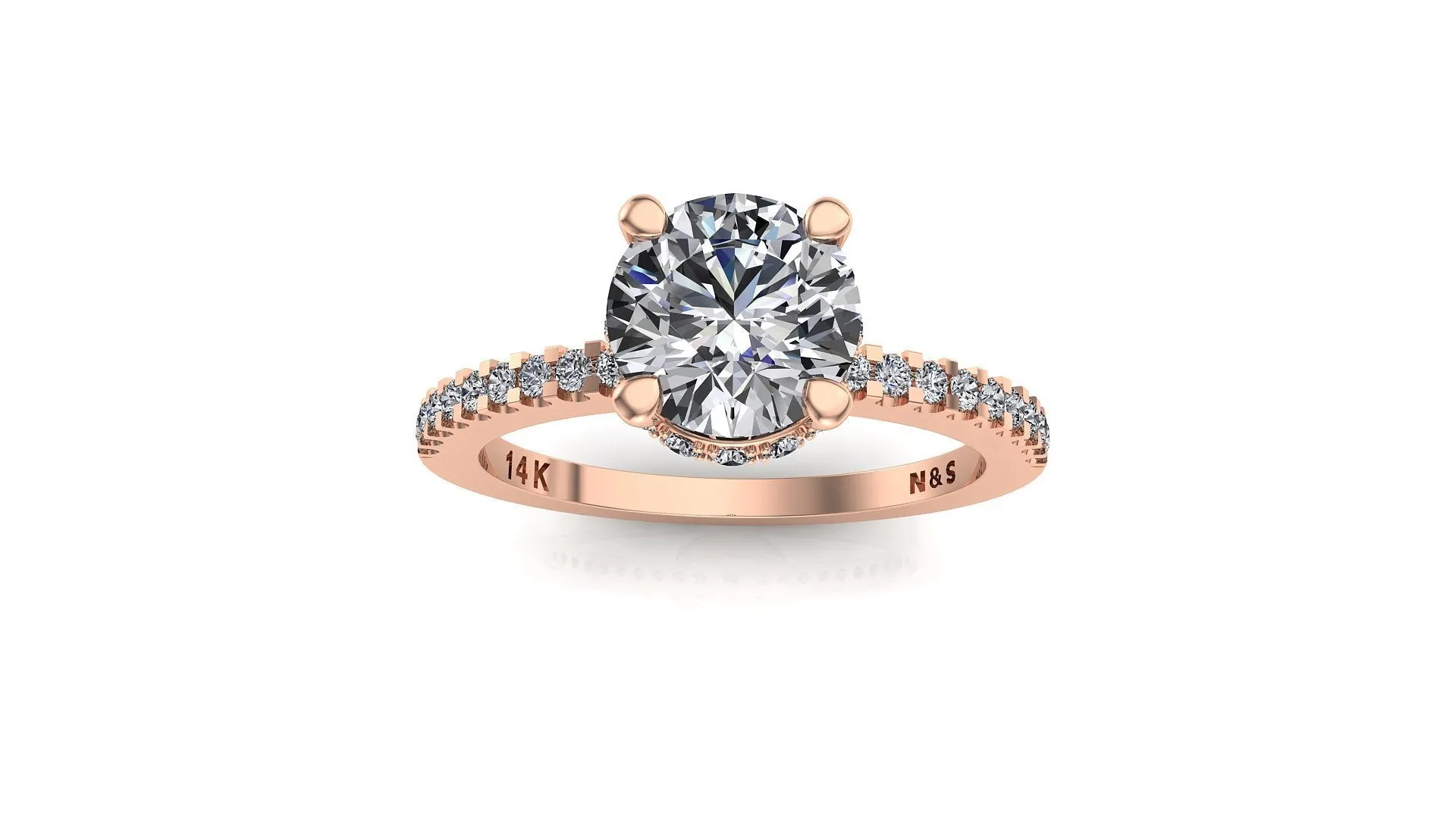 8.5mm (2.20ct) Rañe ForeverOne Round Moissanite Four Prong Diamond Underhalo Engagement Ring 14K Gold MOENG078