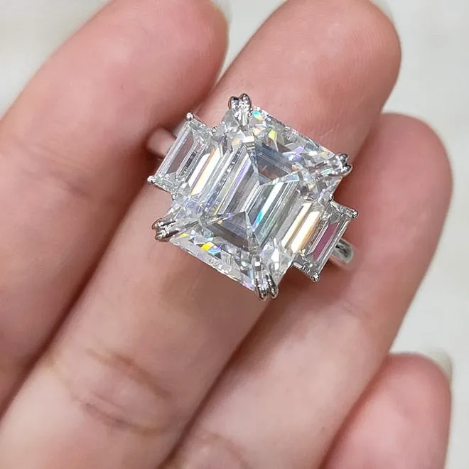 8ct 10*12mm Emerald Cut White Moissanite Three Stones Ring for Women