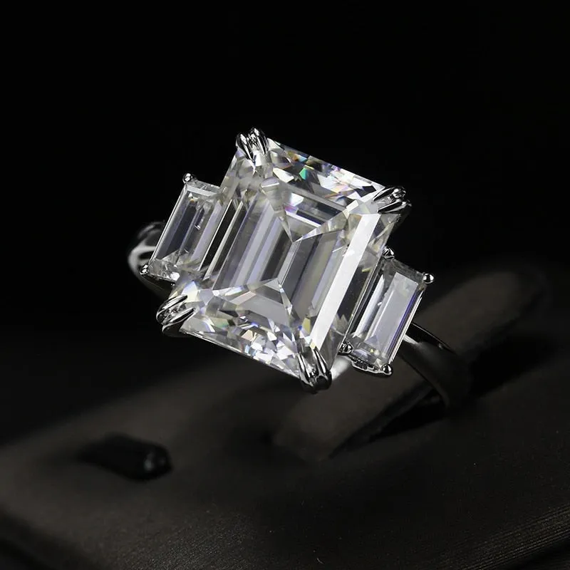 8ct 10*12mm Emerald Cut White Moissanite Three Stones Ring for Women