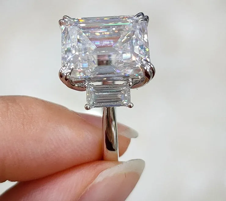 8ct 10*12mm Emerald Cut White Moissanite Three Stones Ring for Women