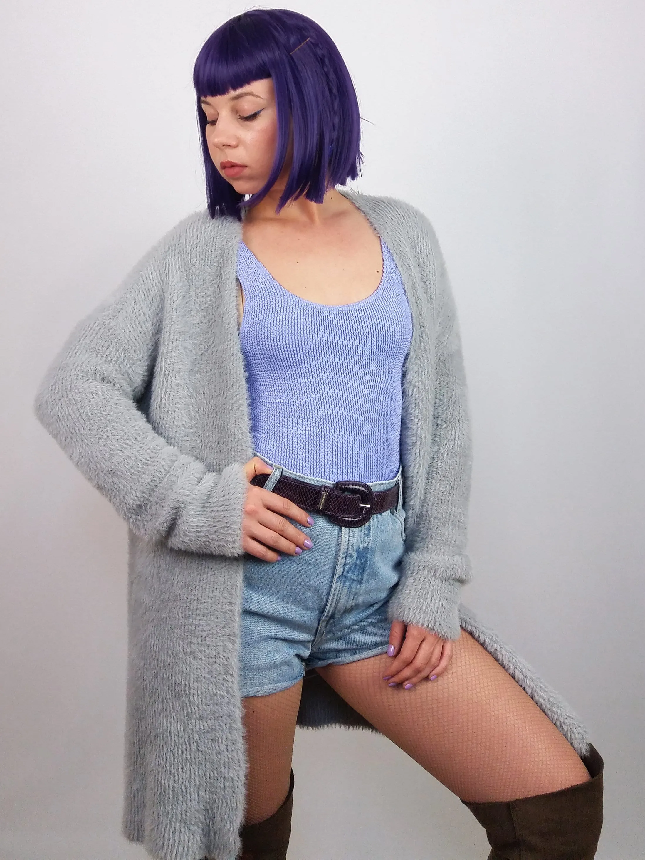 90's Chelsea and Theodore Fluffy Knit Soft Cardigan in Grey