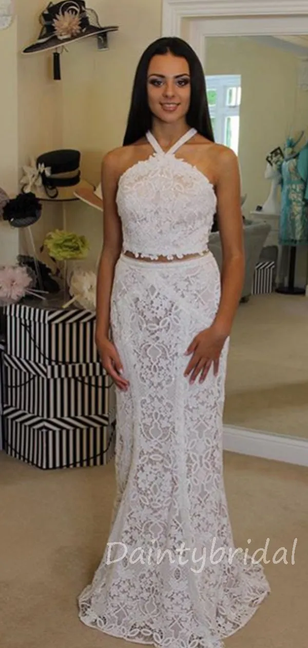 Affordable Lace Halter Two Piece Long Prom Dresses Evening Dresses.DB10379