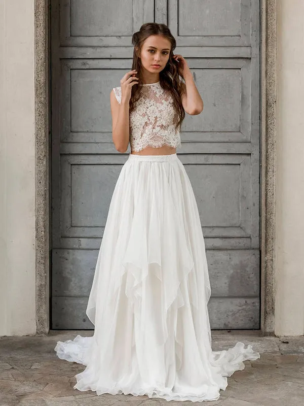 Affordable Scoop Neck Two-piece Simple Chiffon Lace Long Wedding Dresses, DB10686