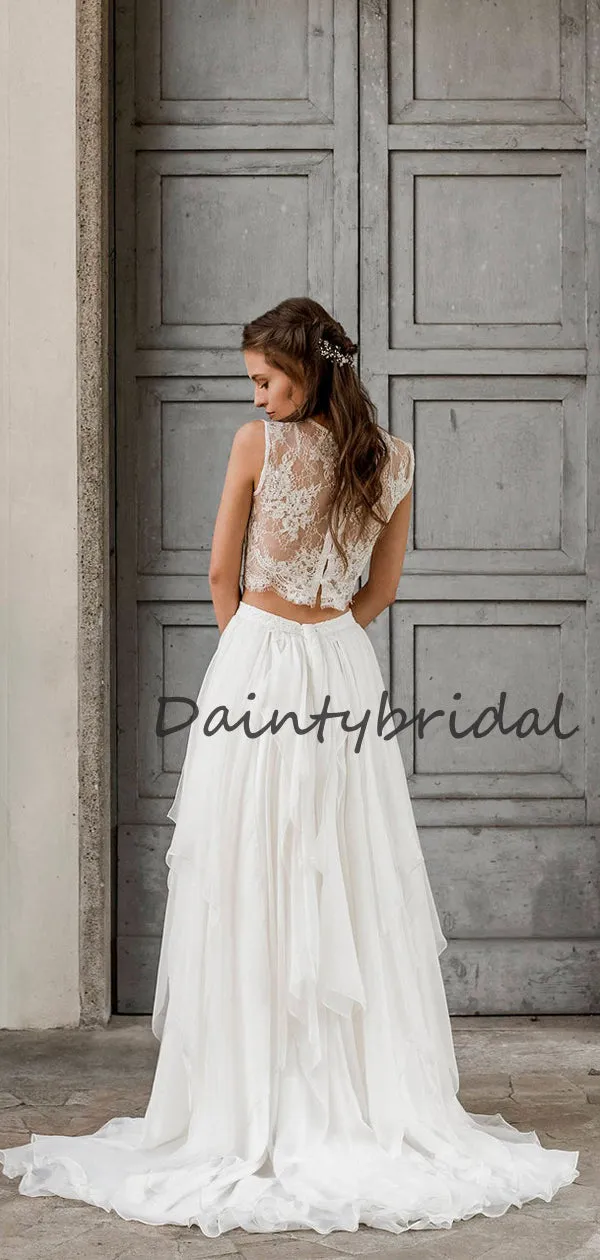 Affordable Scoop Neck Two-piece Simple Chiffon Lace Long Wedding Dresses, DB10686