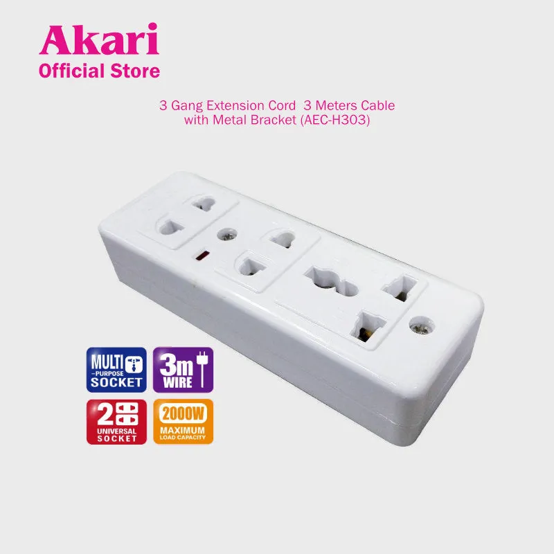 Akari 3 Gang Extension Cord  3 Meters Cable with Metal Bracket (AEC-H303)