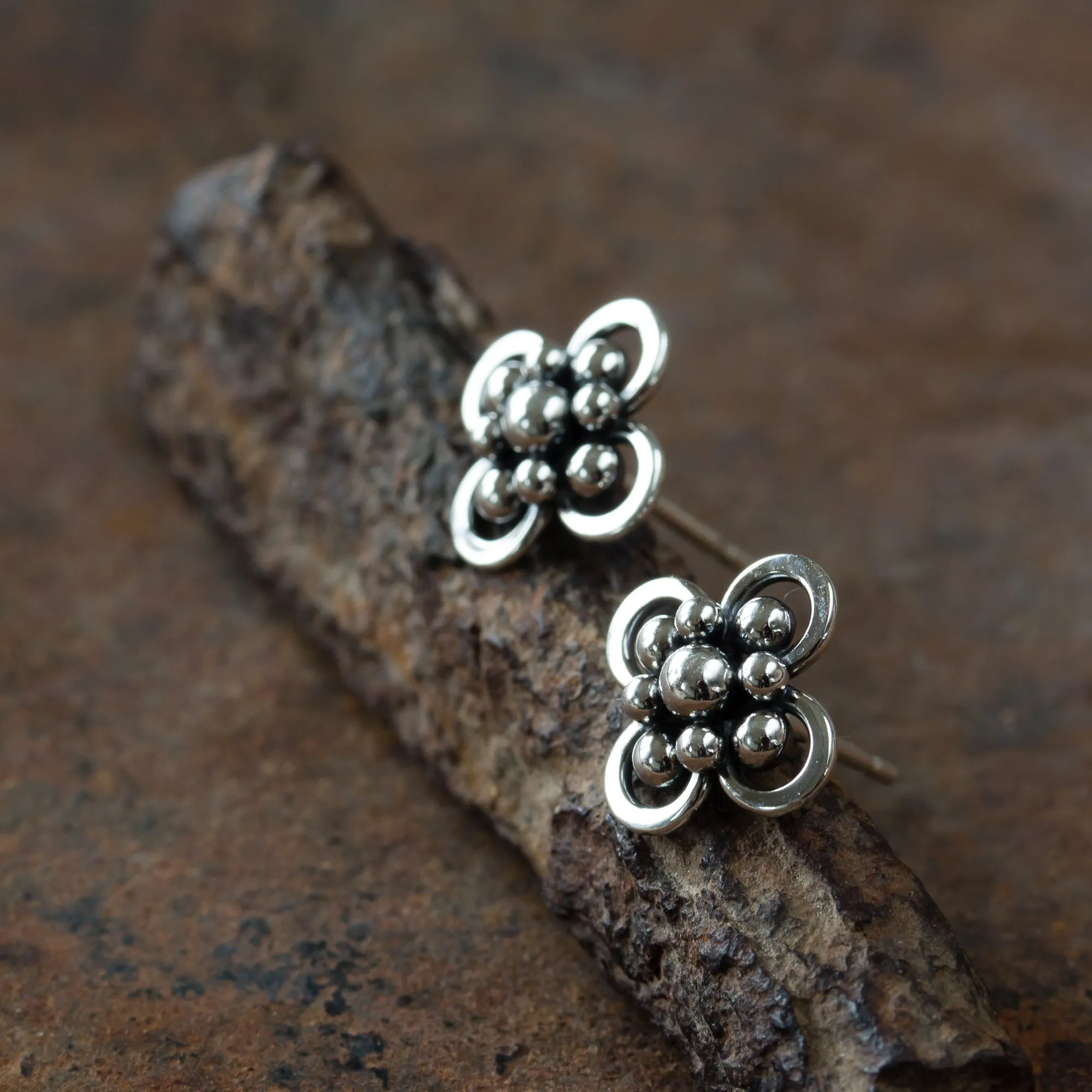 Atomic Arabesque Starburst Flower Stud Earrings, Sterling Silver