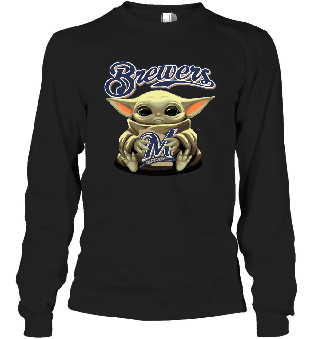 Baby Yoda Hugs Loves The Milwaukee Brewers Baseball Adult Long Sleeve T-Shirt