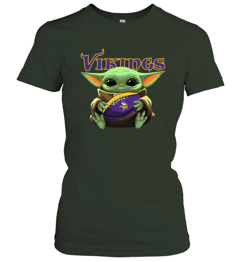 Baby Yoda Loves The Minnesota Vikings Star Wars Baby Yoda Hugs Vikings NFL Womens T-Shirt