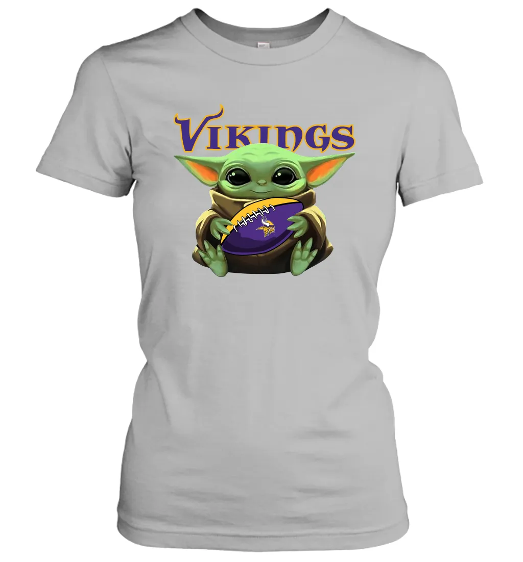 Baby Yoda Loves The Minnesota Vikings Star Wars Baby Yoda Hugs Vikings NFL Womens T-Shirt