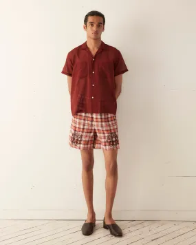 Beaded Floral Madras Shorts - Red