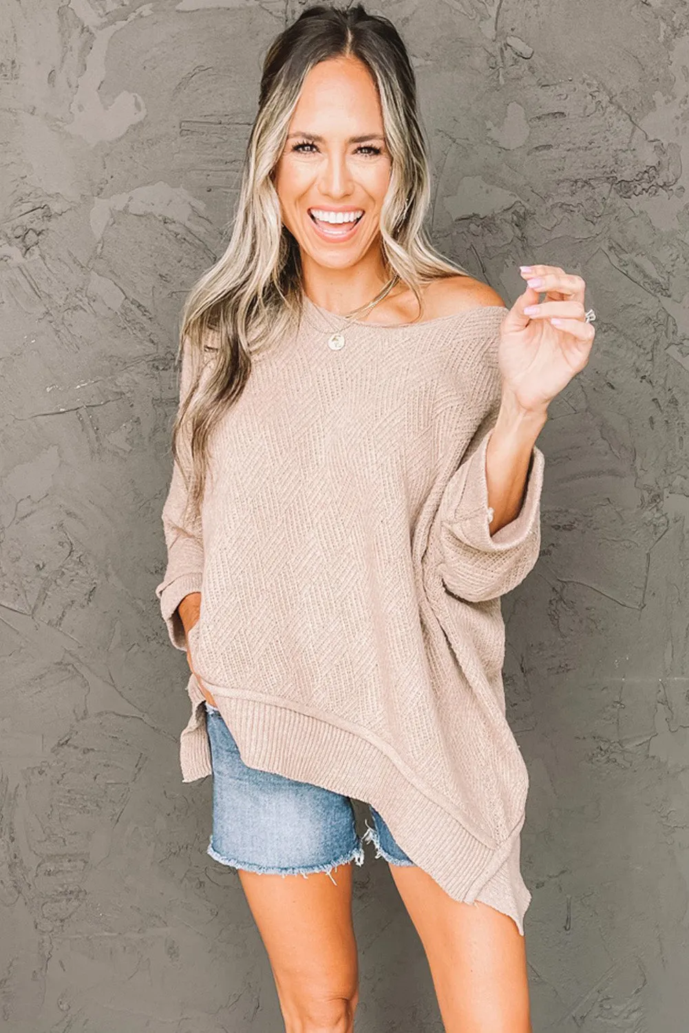 Beige Boat Neck Geometric Texture Sweater