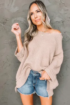 Beige Boat Neck Geometric Texture Sweater