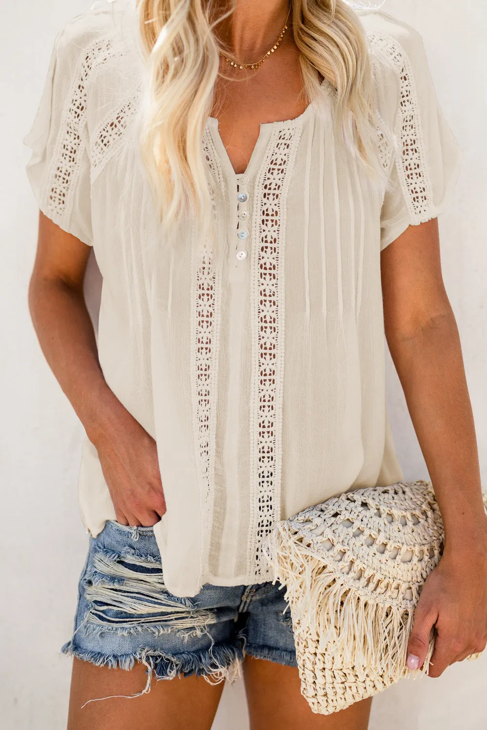 Beige Crochet Eyelet Short Sleeves Tees Top