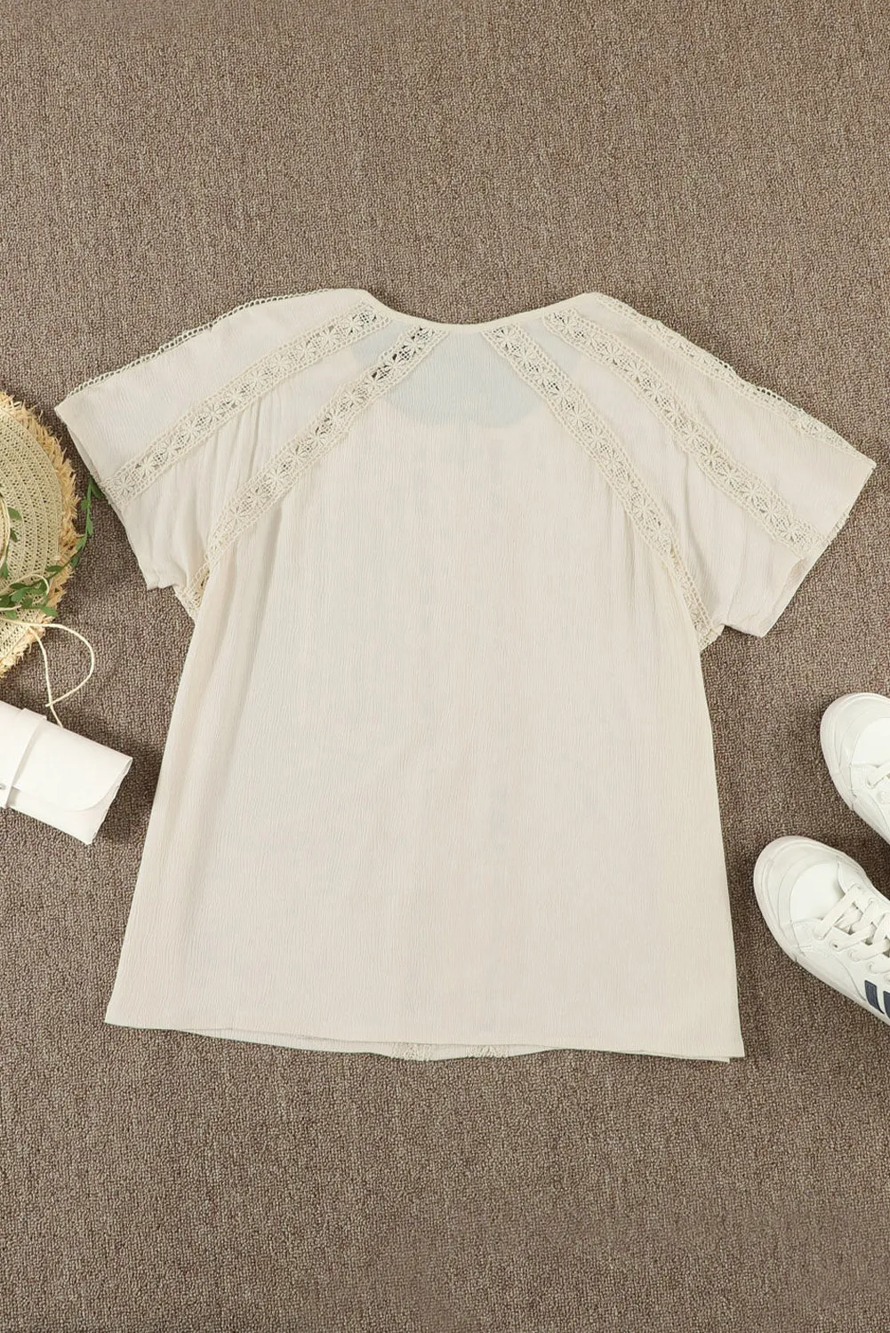 Beige Crochet Eyelet Short Sleeves Tees Top