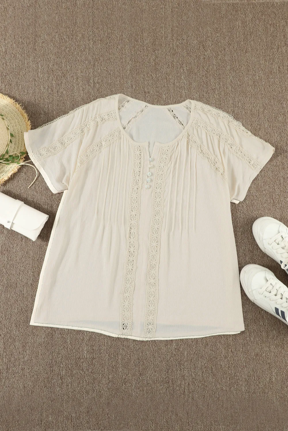 Beige Crochet Eyelet Short Sleeves Tees Top