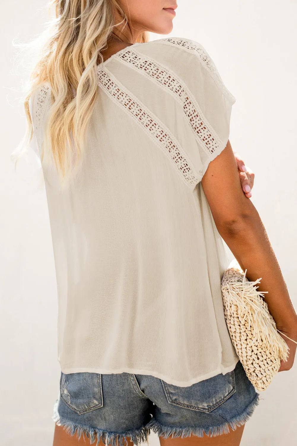 Beige Crochet Eyelet Short Sleeves Tees Top