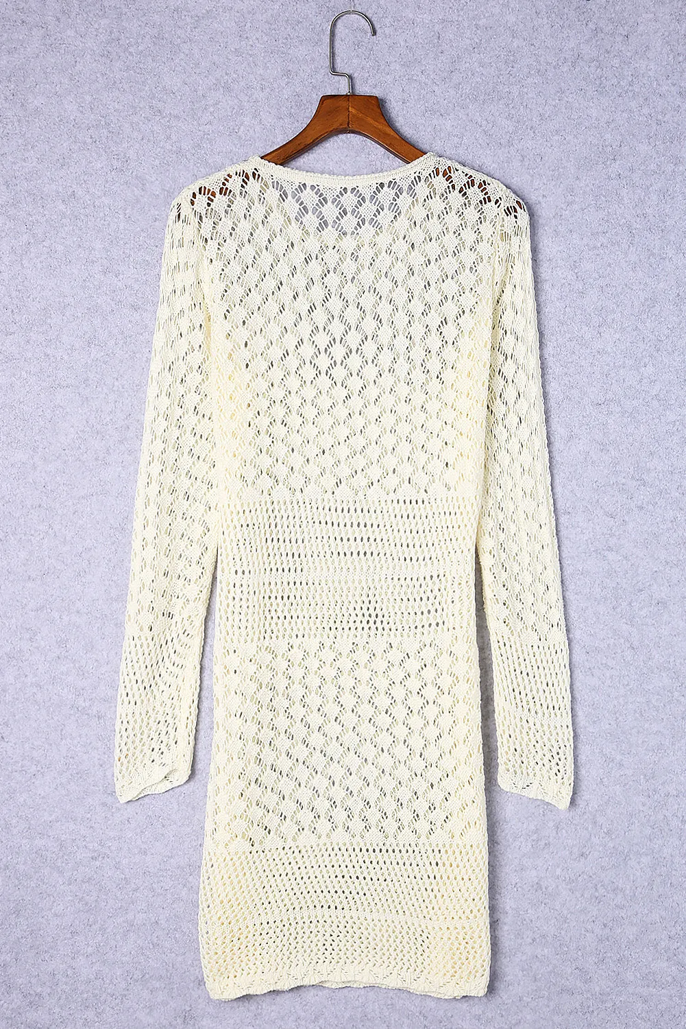 Beige Hollow-Out Crochet Long Sleeve Beach Dress