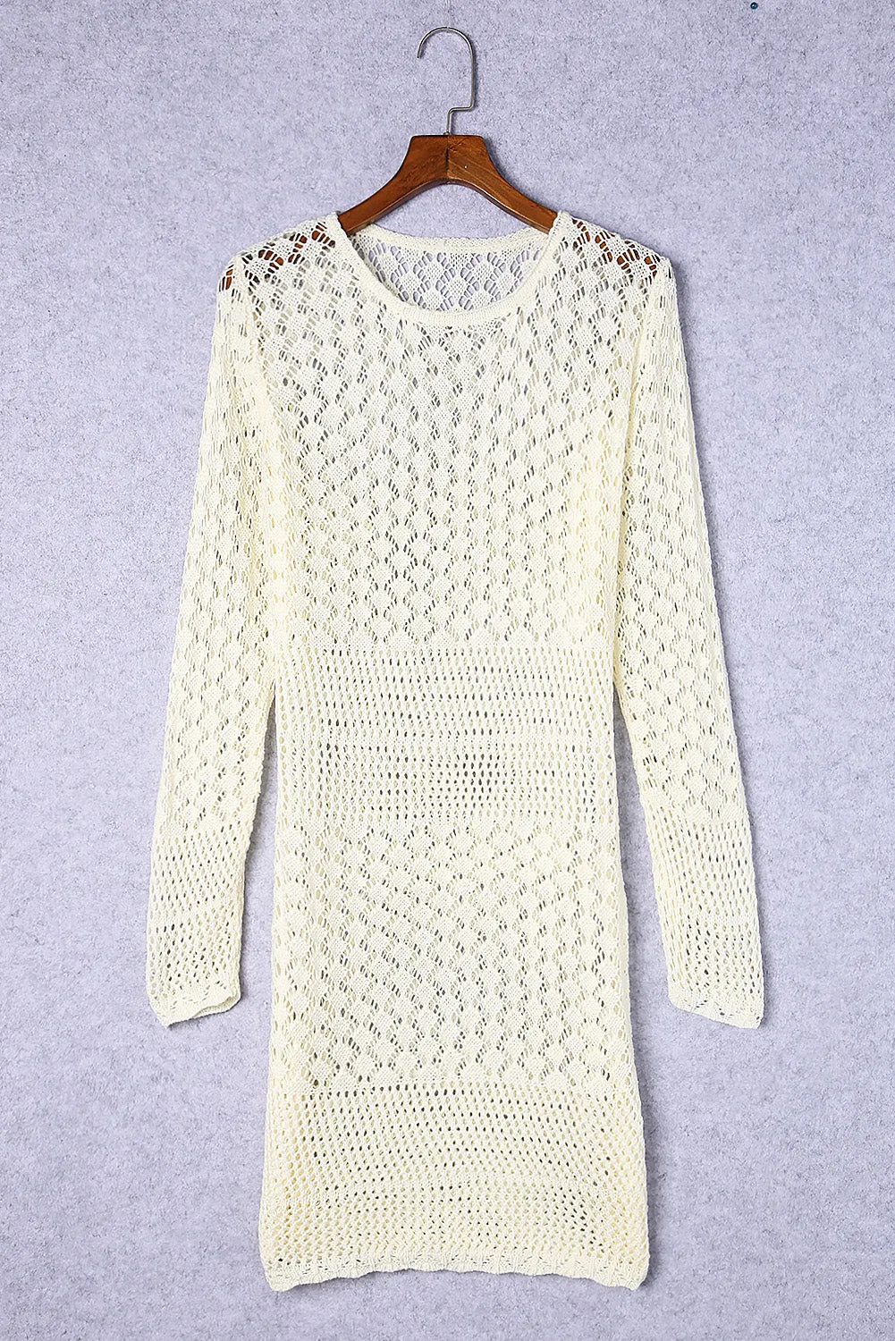 Beige Hollow-Out Crochet Long Sleeve Beach Dress