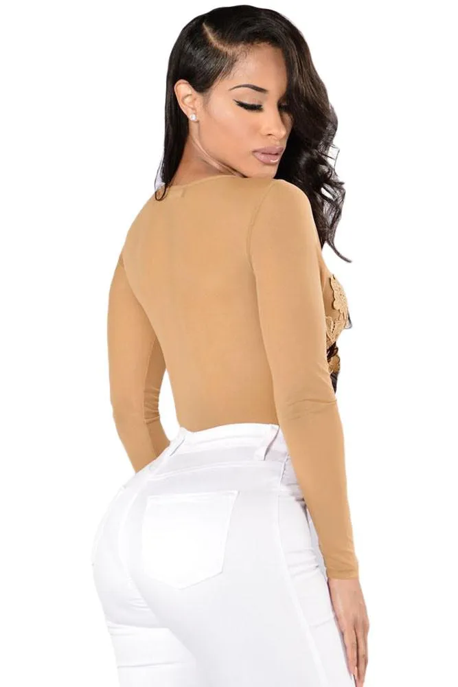 Beige Mesh Long Sleeves Bodysuit