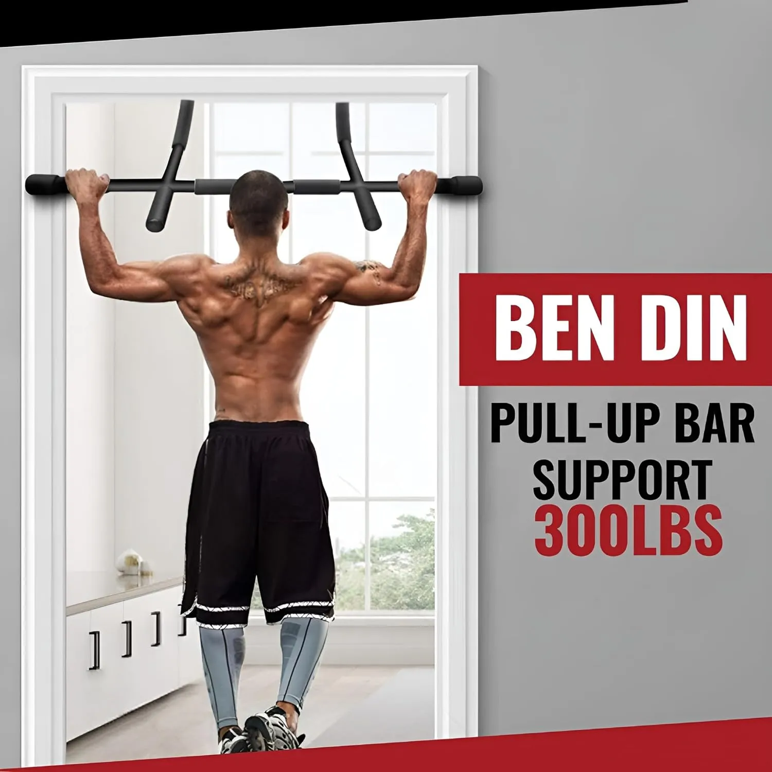 Ben Din Pull Up Bar for Doorway/Hanging Chin Up Bar,Sturdy  Steel Frame with Foam Handles - Support 300 Pounds - Portable & Easy Installation Door Frame Pull Up Bar for Home Gyms