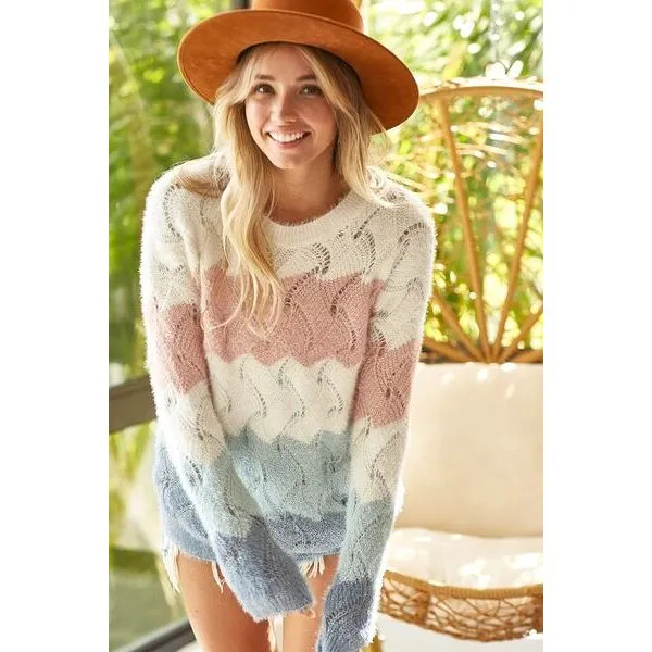 BiBi Color Block Openwork Long Sleeve Sweater