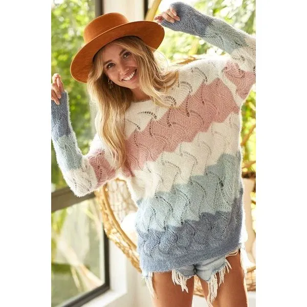 BiBi Color Block Openwork Long Sleeve Sweater