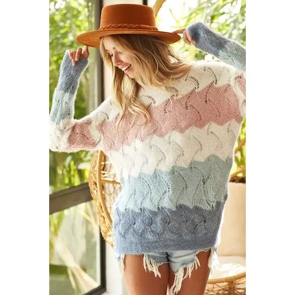 BiBi Color Block Openwork Long Sleeve Sweater