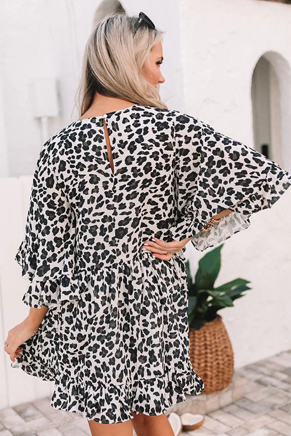 Black Animal Print Flare Sleeve Mini Dress