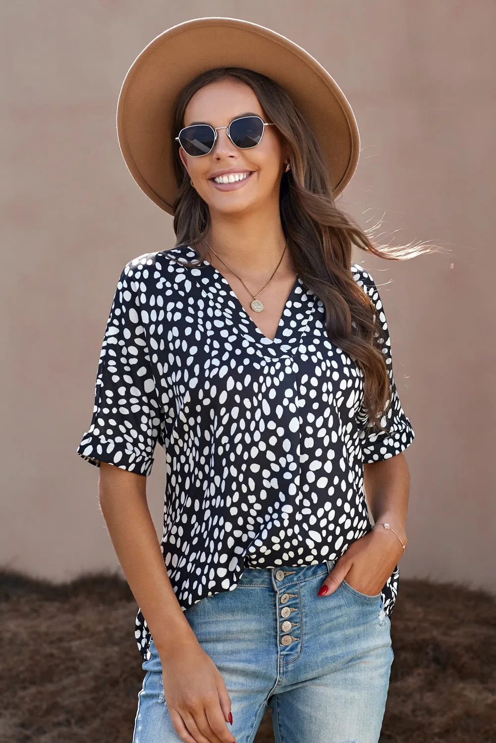 Black Animal Print Rolled Sleeve Tunic Top