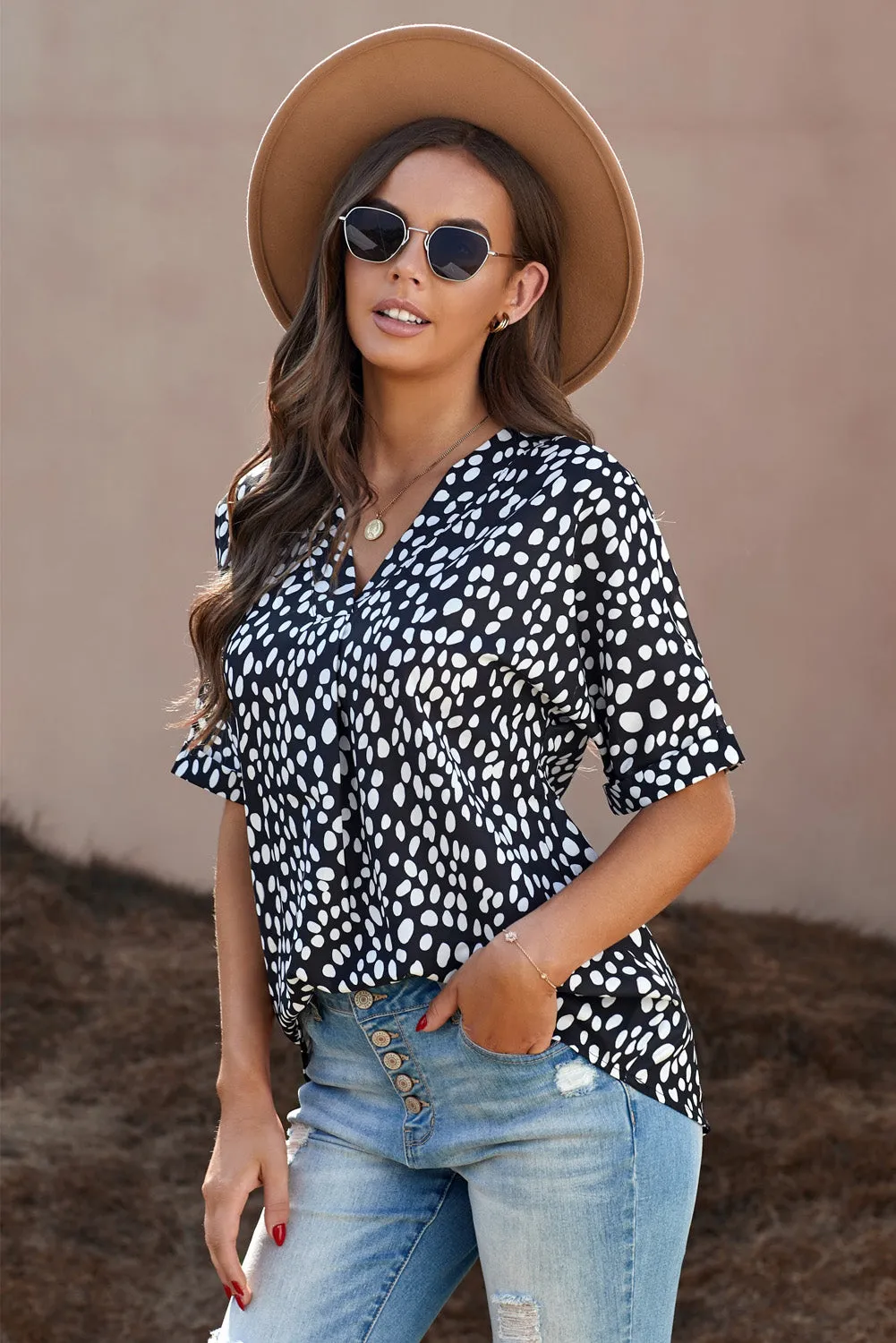 Black Animal Print Rolled Sleeve Tunic Top