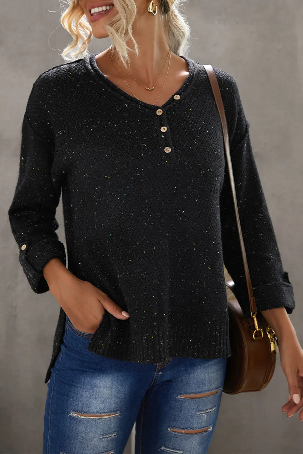 Black Buttoned Drop Shoulder Knitted Sweater